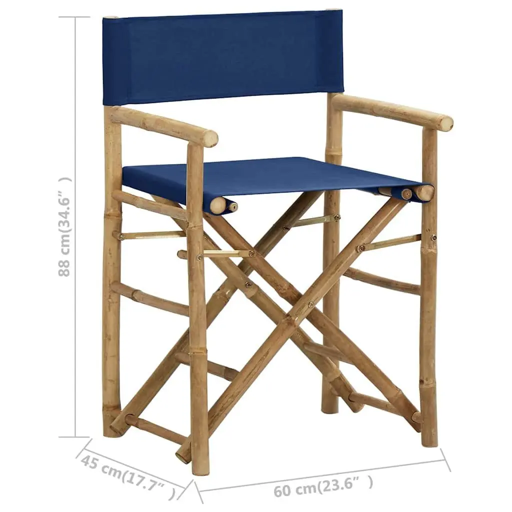 Folding Director's Chairs Blue Bamboo Fabric 2 Piece Outdoor Garden Seating