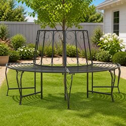 Half Round Tree Bench 160cm Outdoor Seating Steel Garden Furniture Grey