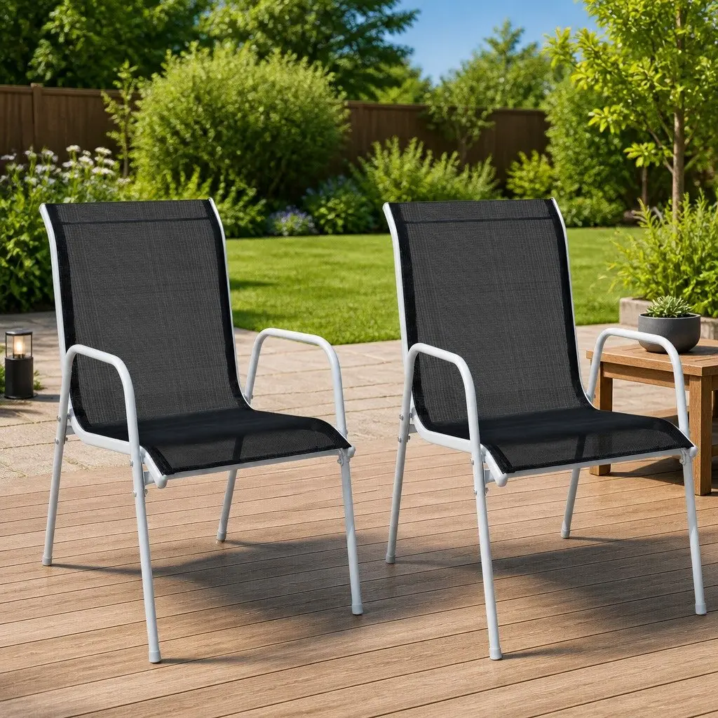 Stackable Outdoor Chairs Set Black Steel Frame 2 Piece