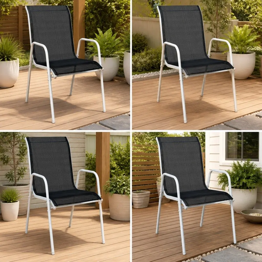 Set of 4 Stackable Outdoor Garden Armchairs Black Steel Textilene Patio Seating
