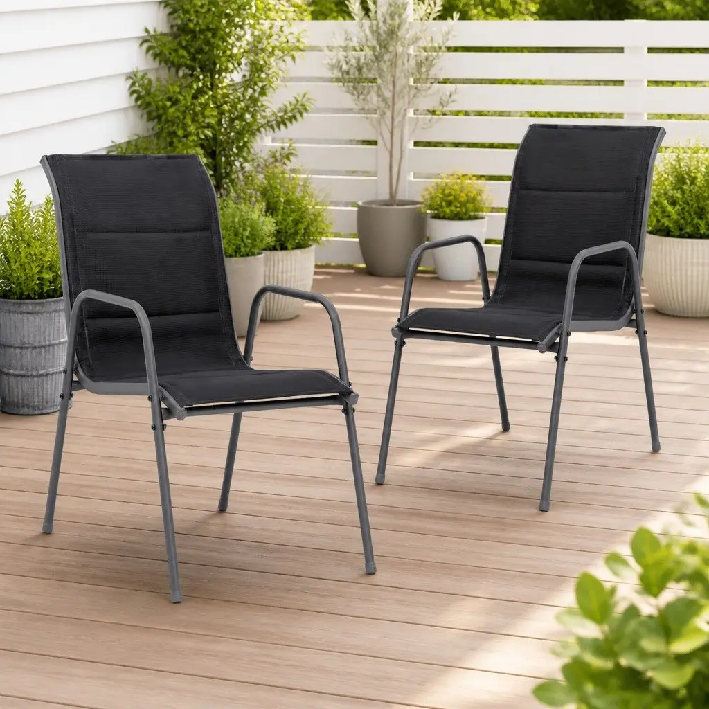 Outdoor Chairs Stackable Set 2 Piece Black Steel Textilene Garden Patio Furniture