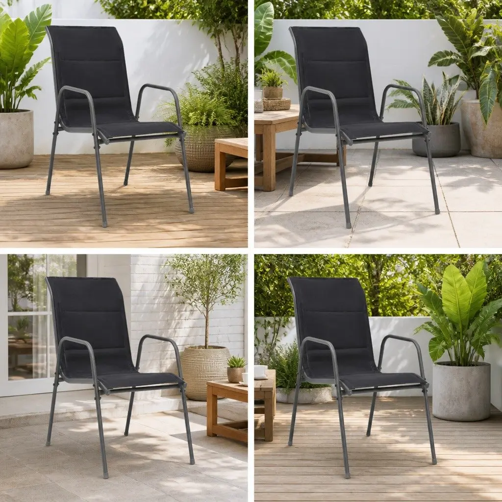 Stackable Outdoor Chairs Powder-Coated Steel Frame Textilene Fabric Black 4 Piece
