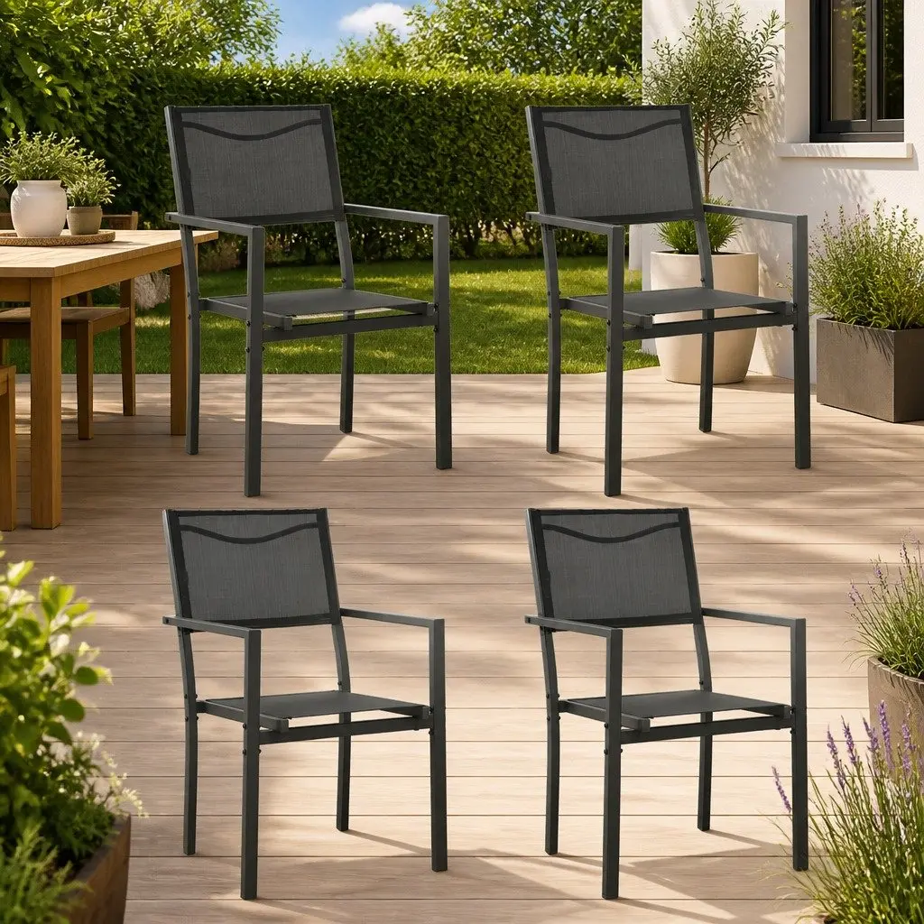 Outdoor Garden Chairs Set of 4 Textilene Steel Patio Seating Black Anthracite