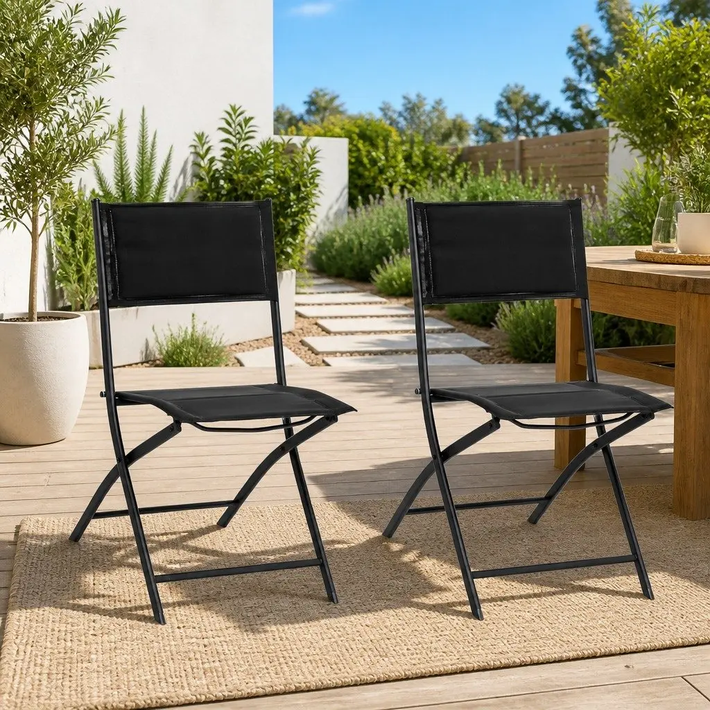 Folding Chairs Outdoor 2pcs Textilene Fabric Steel Frame Black