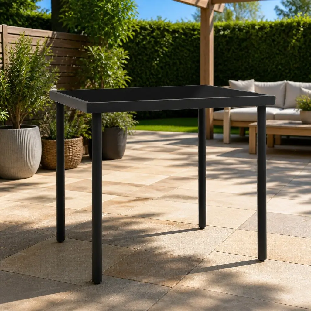 Garden Patio Table Square Glass Top Anthracite Powder Coated Steel Legs 80x80x72cm