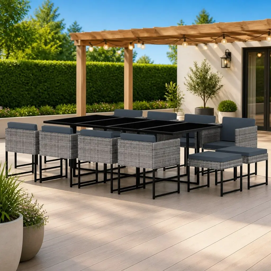 Outdoor Dining Set 13 Piece Poly Rattan Furniture Grey with Cushions