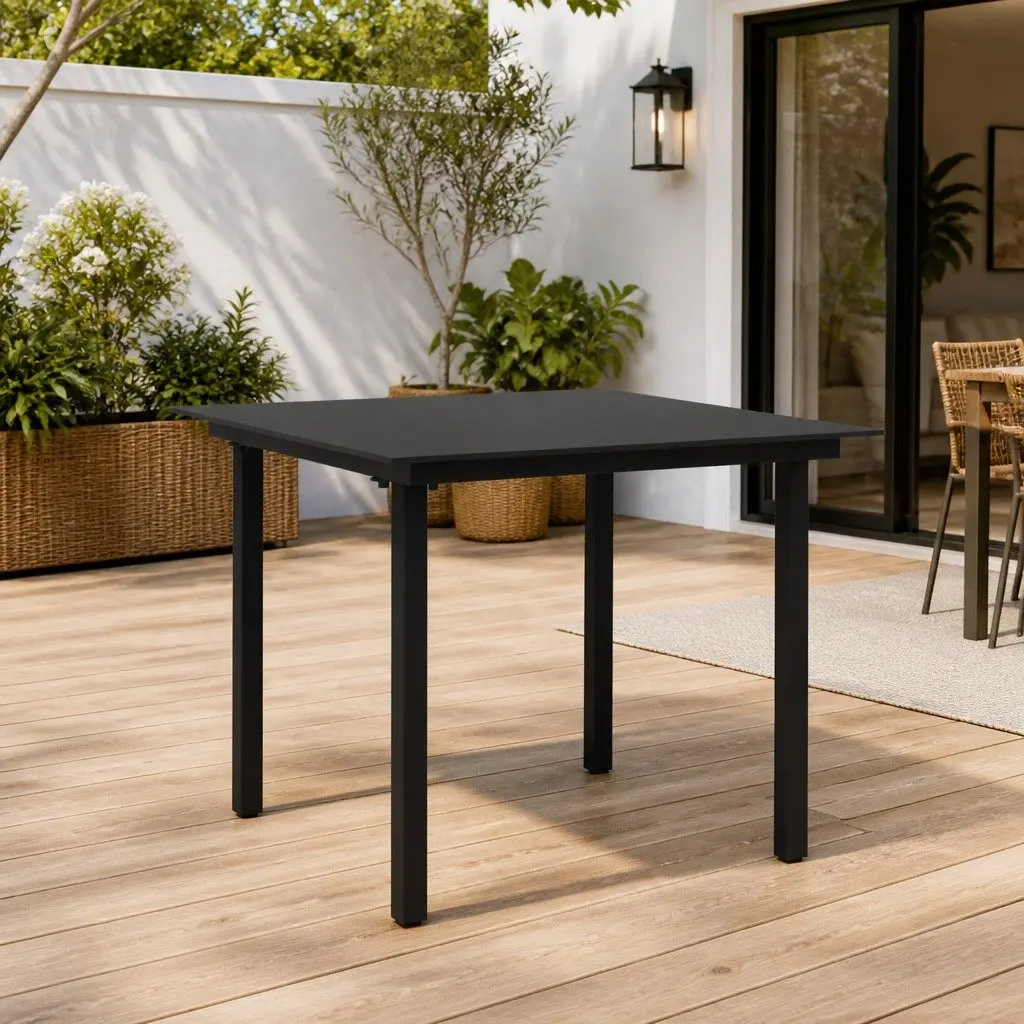 Garden Dining Table Black Steel Frame Glass Tabletop 80x80x74