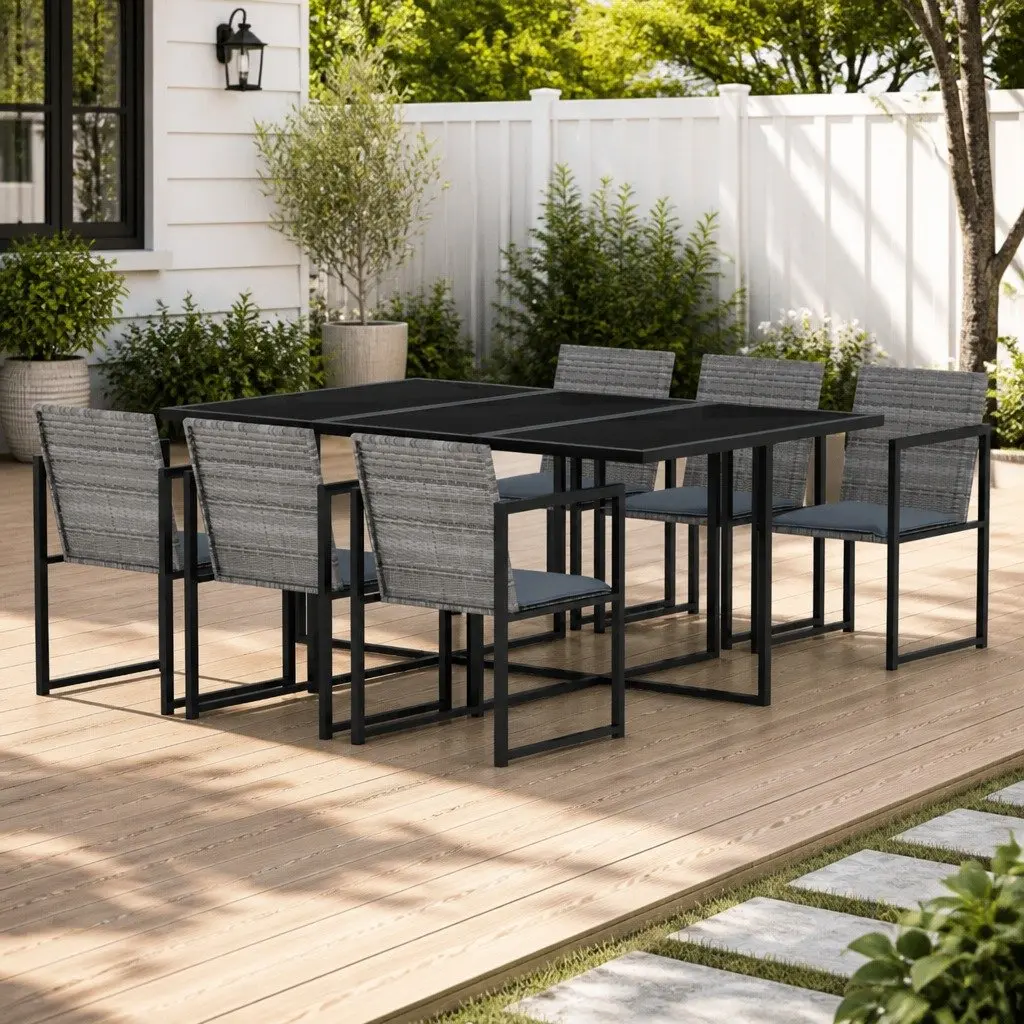 Outdoor Dining Set 7 Piece Grey Patio Furniture Table Chairs with Cushions