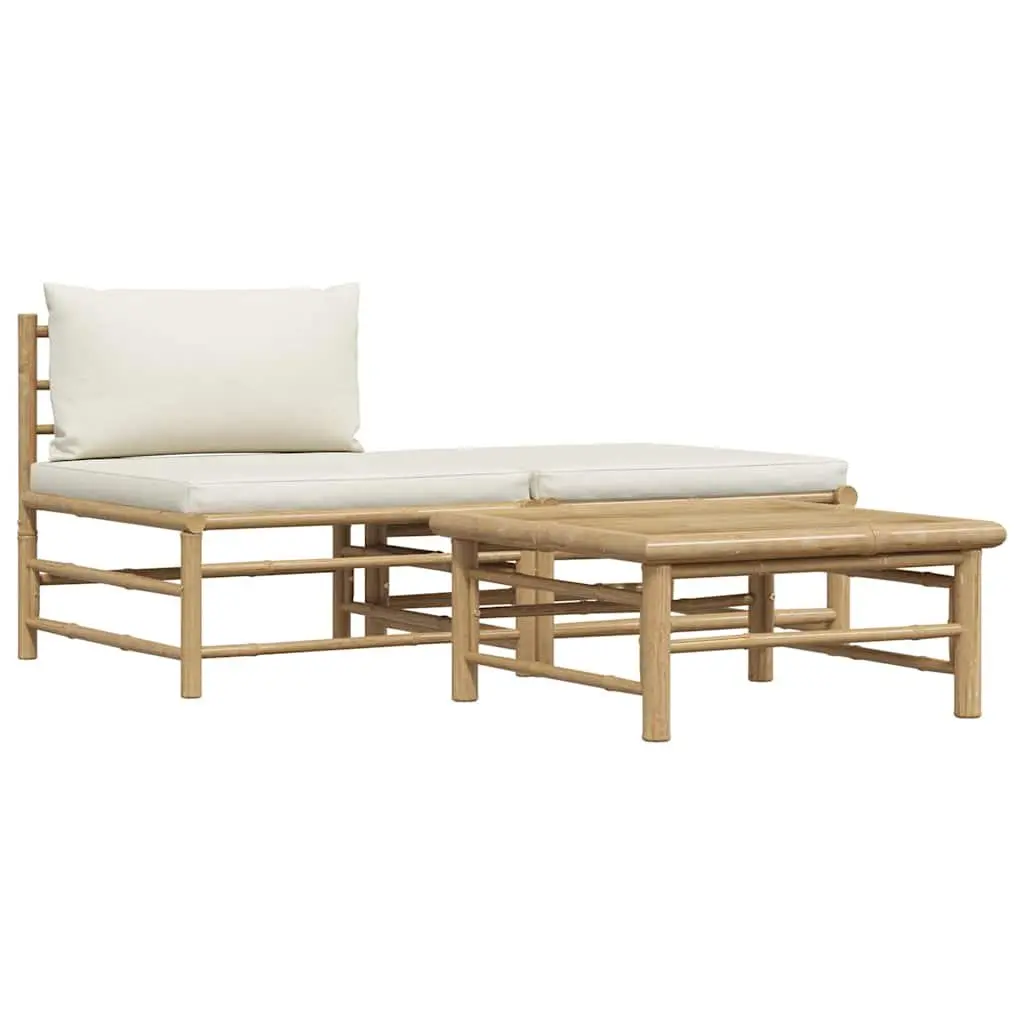 Bamboo Outdoor Lounge Set Cream White Cushions 3 Piece Garden Sofa with Footrest and Side Table