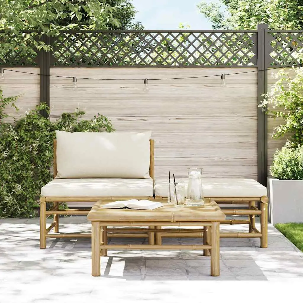 Bamboo Outdoor Lounge Set Cream White Cushions 3 Piece Garden Sofa with Footrest and Side Table