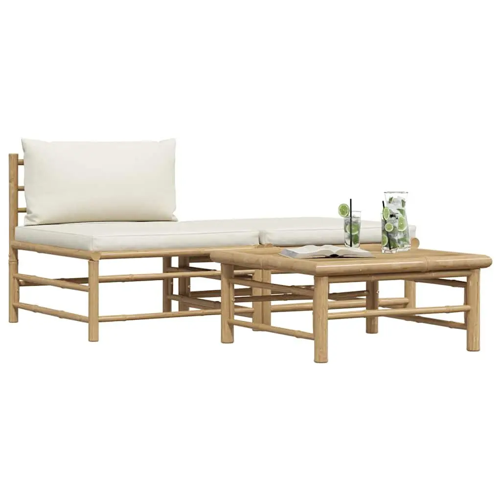 Bamboo Outdoor Lounge Set Cream White Cushions 3 Piece Garden Sofa with Footrest and Side Table
