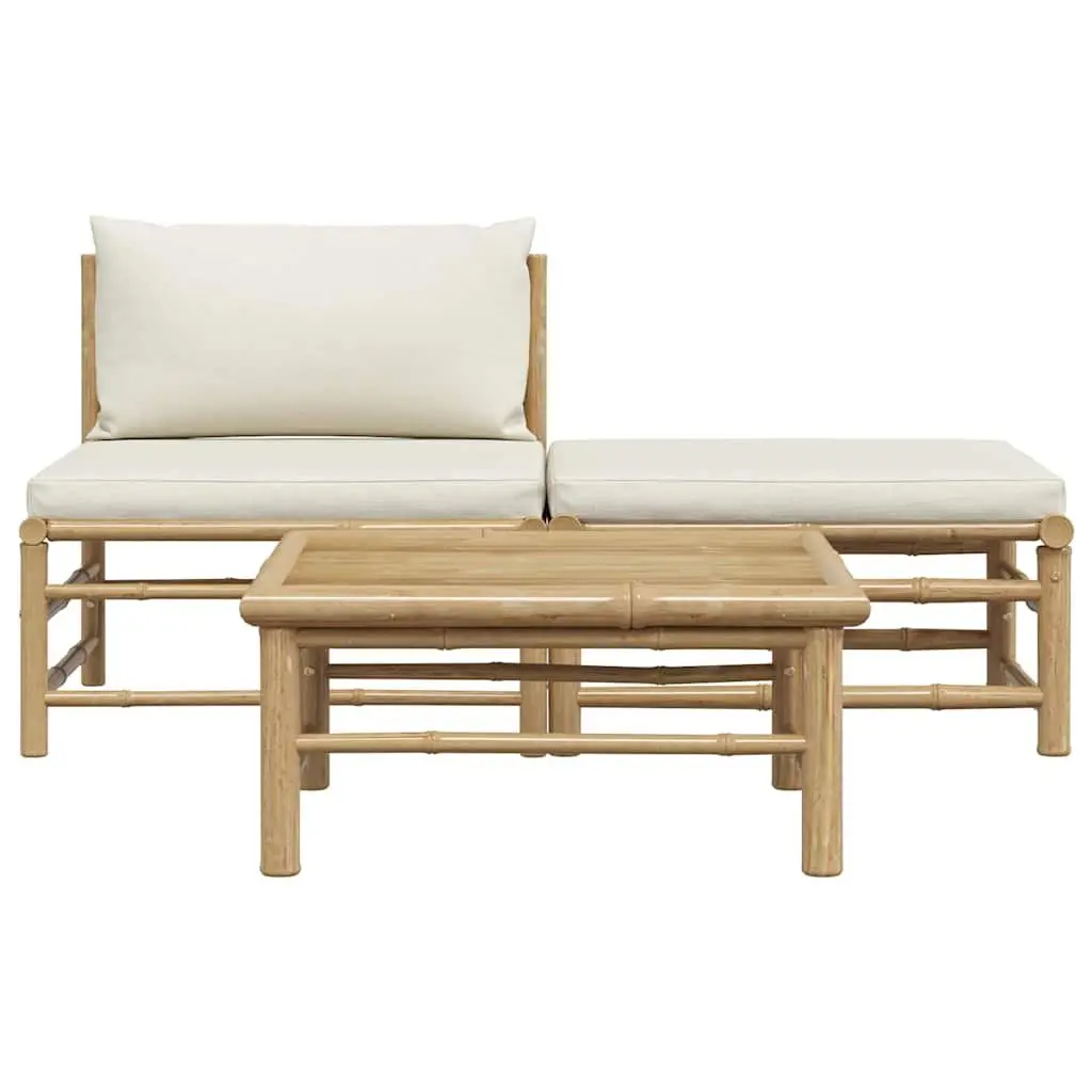Bamboo Outdoor Lounge Set Cream White Cushions 3 Piece Garden Sofa with Footrest and Side Table