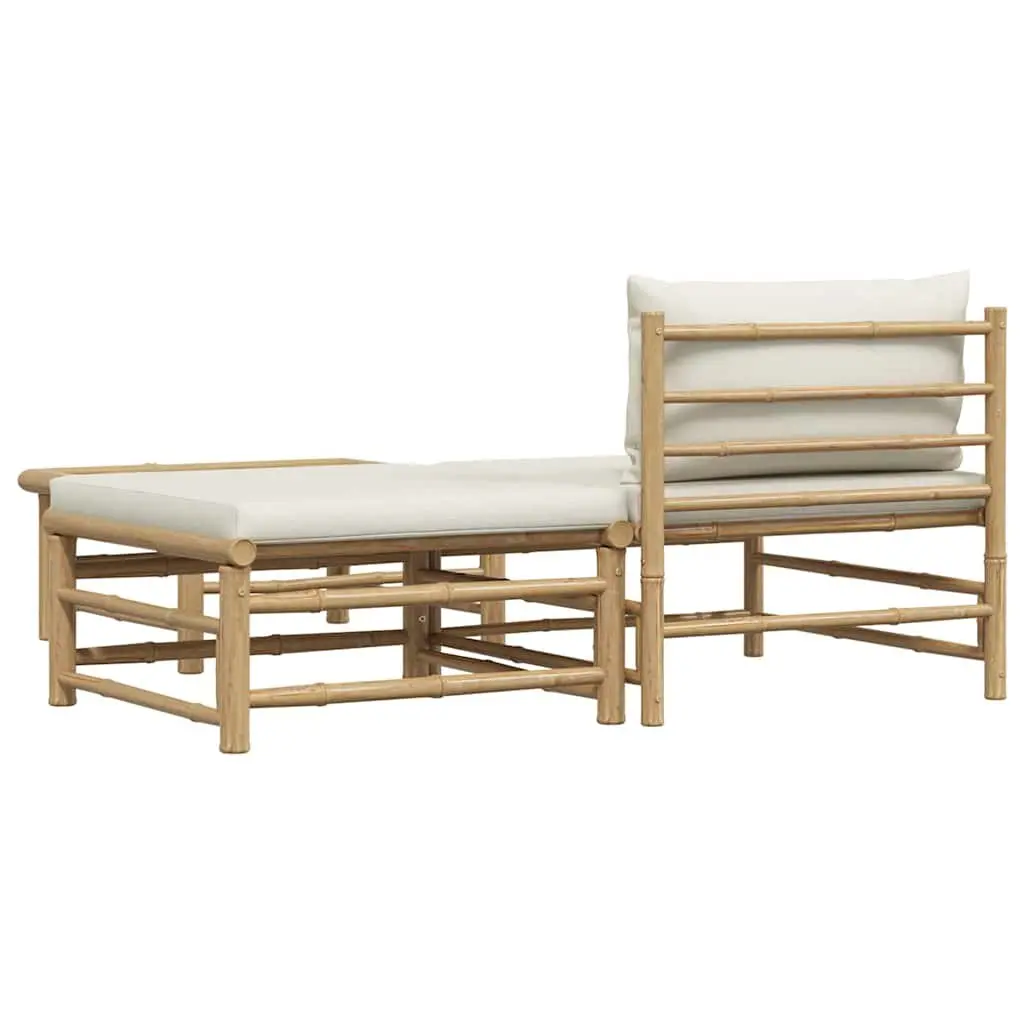 Bamboo Outdoor Lounge Set Cream White Cushions 3 Piece Garden Sofa with Footrest and Side Table