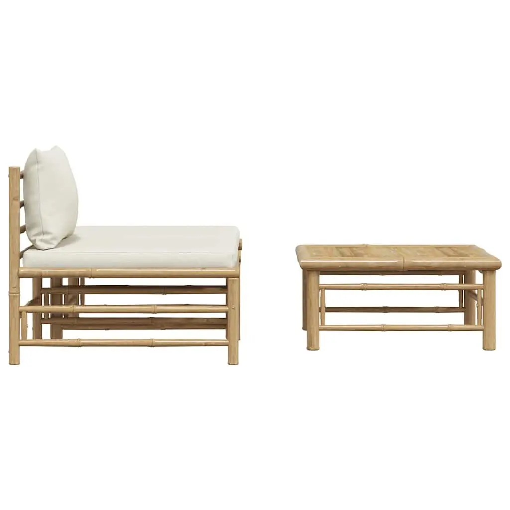 Bamboo Outdoor Lounge Set Cream White Cushions 3 Piece Garden Sofa with Footrest and Side Table