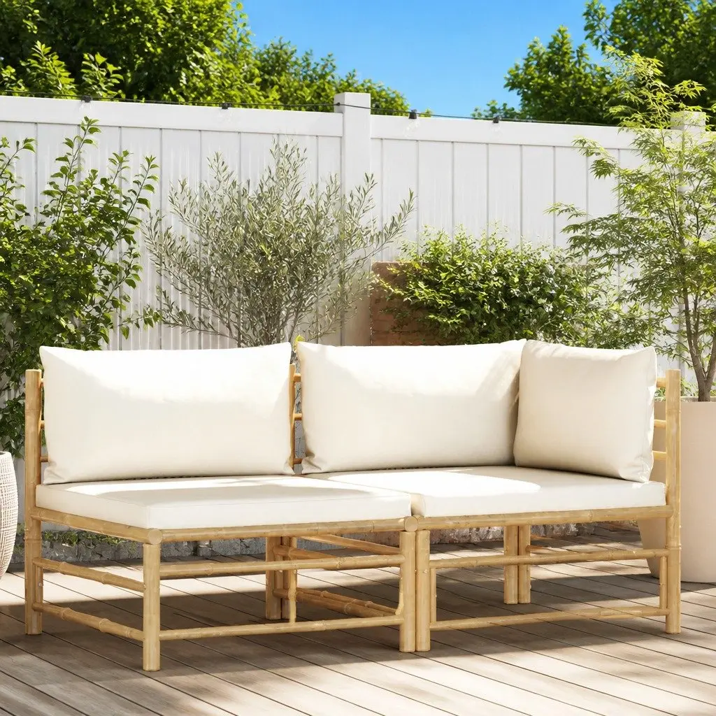 Garden Lounge Set Bamboo Construction Cream White Cushions 2 Piece
