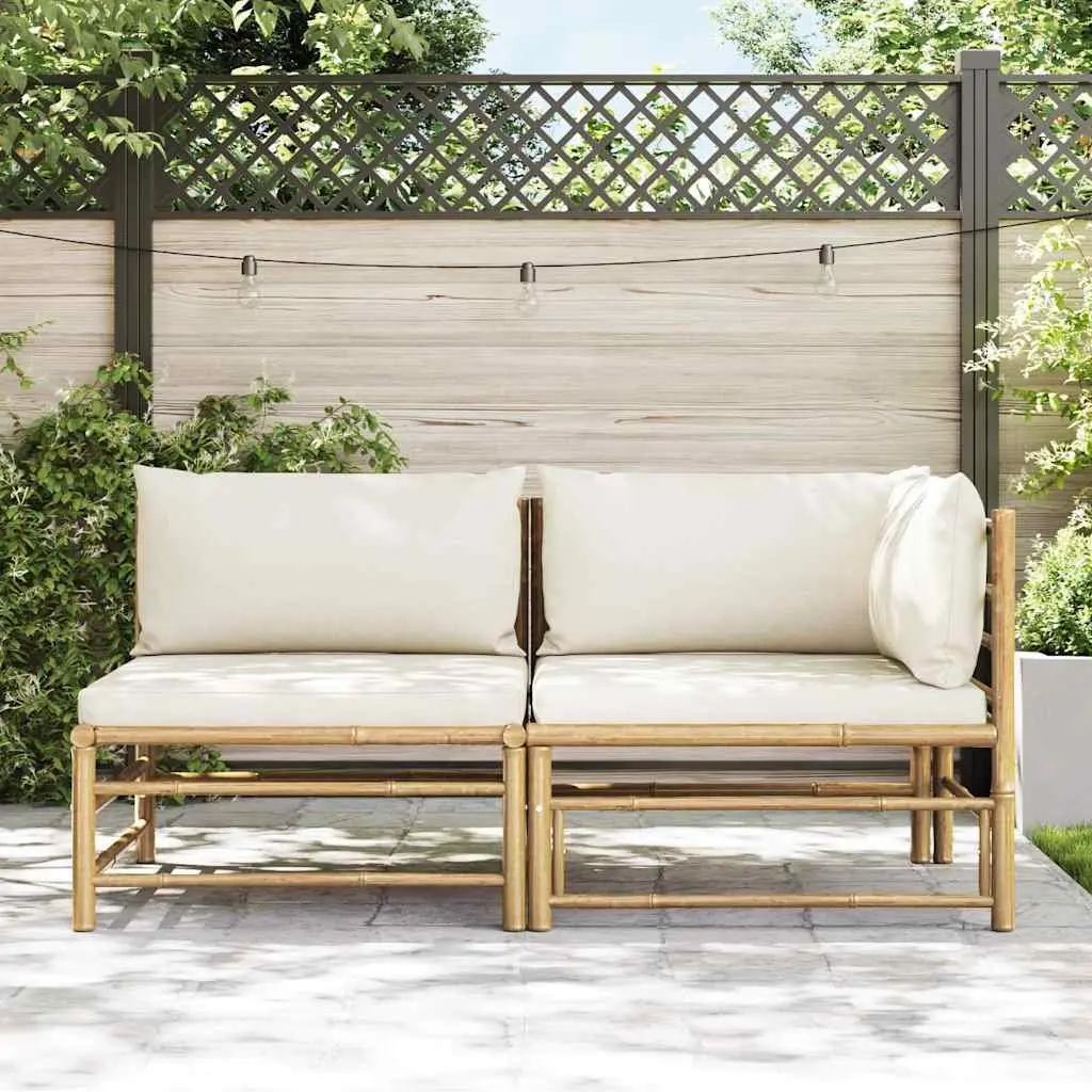 Garden Lounge Set Bamboo Construction Cream White Cushions 2 Piece