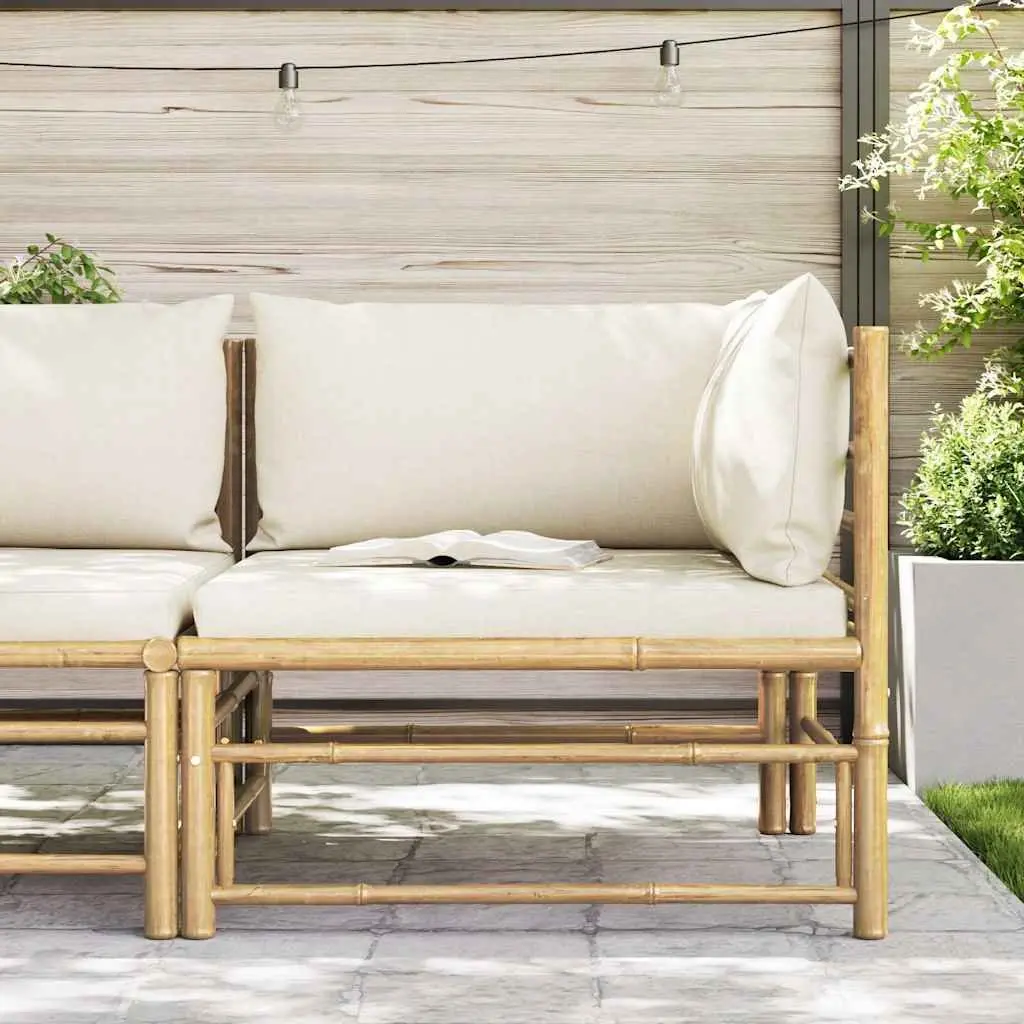 Modular Outdoor Lounge Set Bamboo with Cream White Cushions Garden Corner Sofa