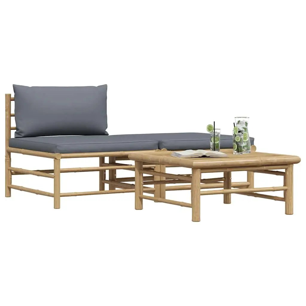 3 Piece Outdoor Garden Lounge Set Bamboo Sectional Sofa with Grey Cushions