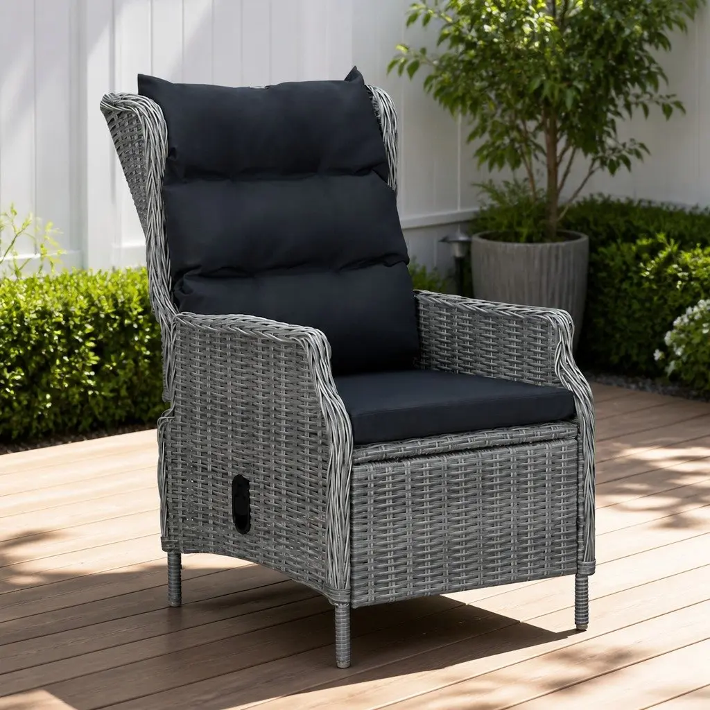 Reclining Garden Chair Adjustable Backrest PE Rattan Cushions Grey