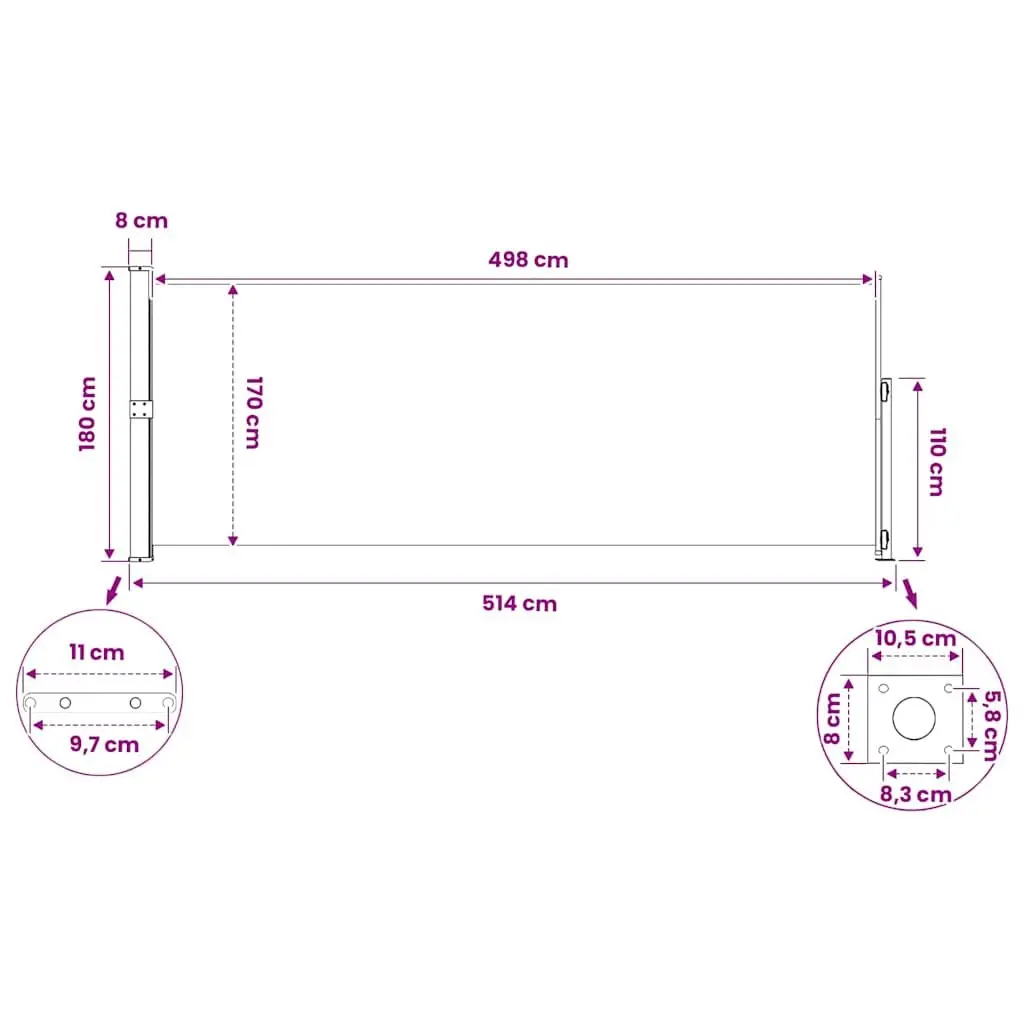 Retractable Side Awning Grey 180x500cm Privacy Screen Sunshade