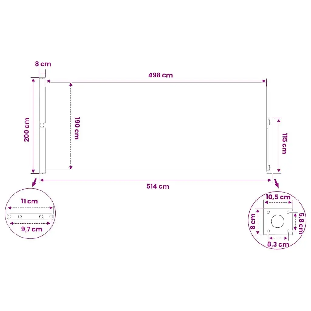 Retractable Side Awning UV Resistant Water Resistant 200x500cm