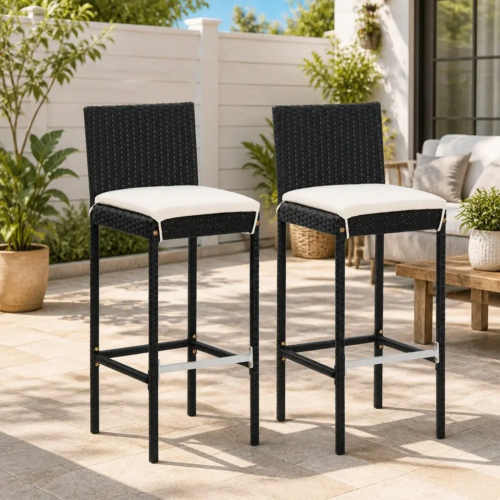 Outdoor Bar Stools UV Resistant Poly Rattan Black with Cushions 2 pcs