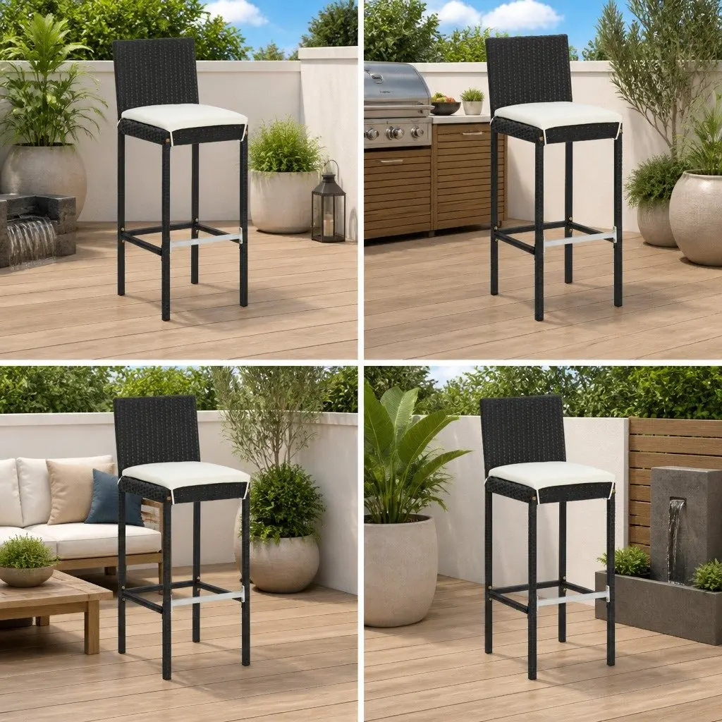 Outdoor Bar Stools Set Black Poly Rattan Garden Seating with Cushions 4 Piece