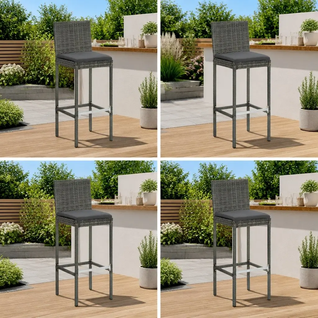 Outdoor Bar Stools Grey Poly Rattan Set of 4 with Cushions