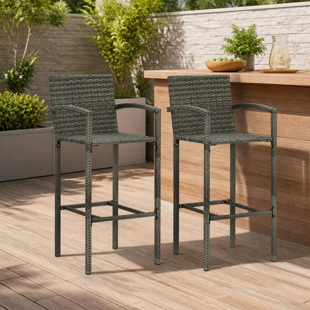 Outdoor Bar Stools 2 pcs Grey Rattan Garden Seating Backyard Furniture Set