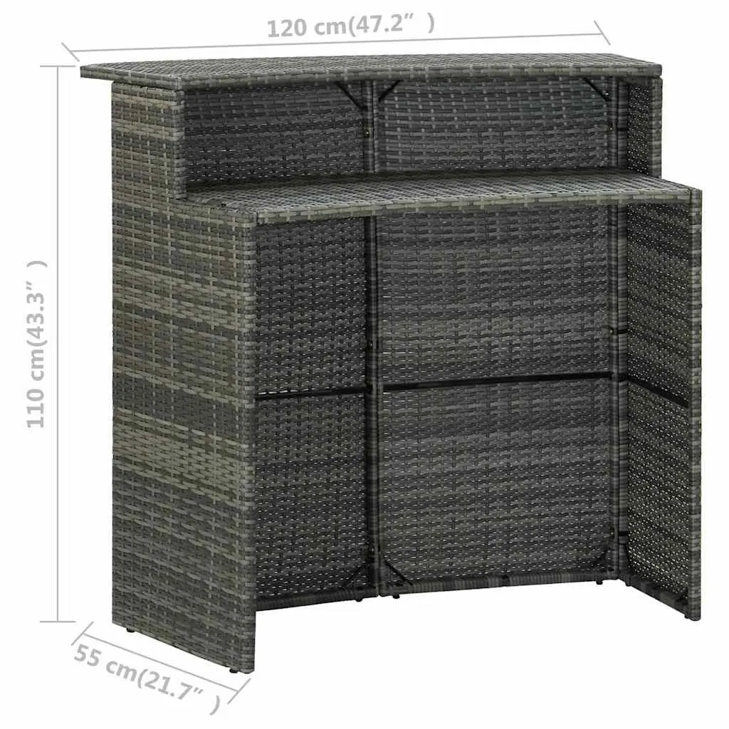 Grey Outdoor Bar Table 2-Tier Counter Height Garden Pub Furniture PE Rattan