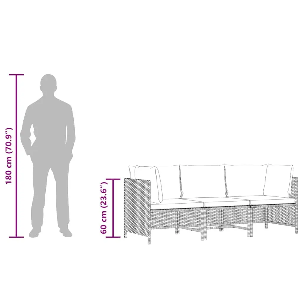 Black Poly Rattan 3-Seater Garden Sofa Outdoor Patio Lounge Couch