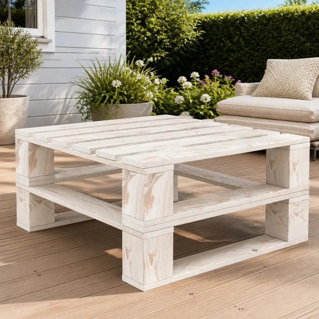White Wooden Outdoor Table Pallet for Garden Furniture with Seating and Lounger