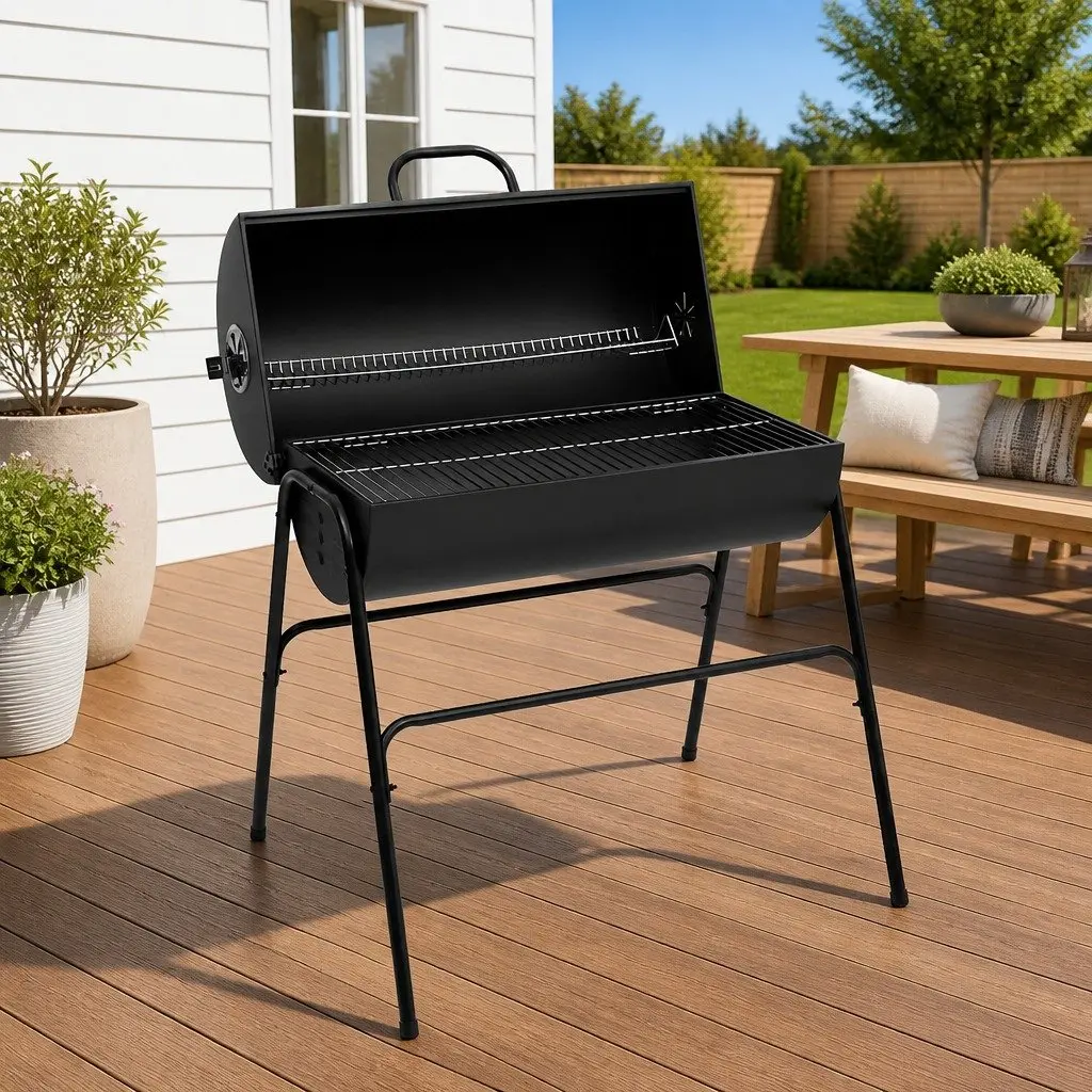 Barrel Grill BBQ Charcoal Outdoor Heavy-Duty Cooking 2 Grids Black Steel