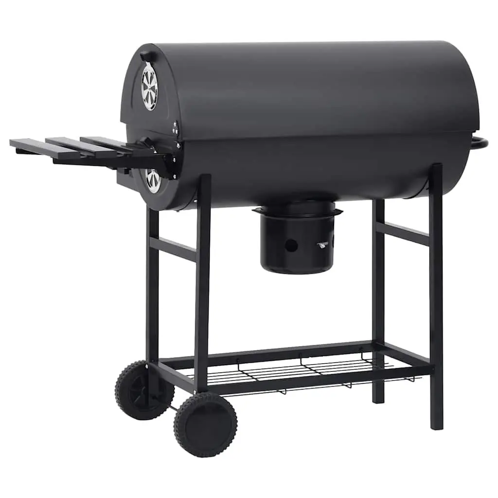 Barrel Charcoal BBQ Grill with Wheels Shelves Black Steel Outdoor Cooking