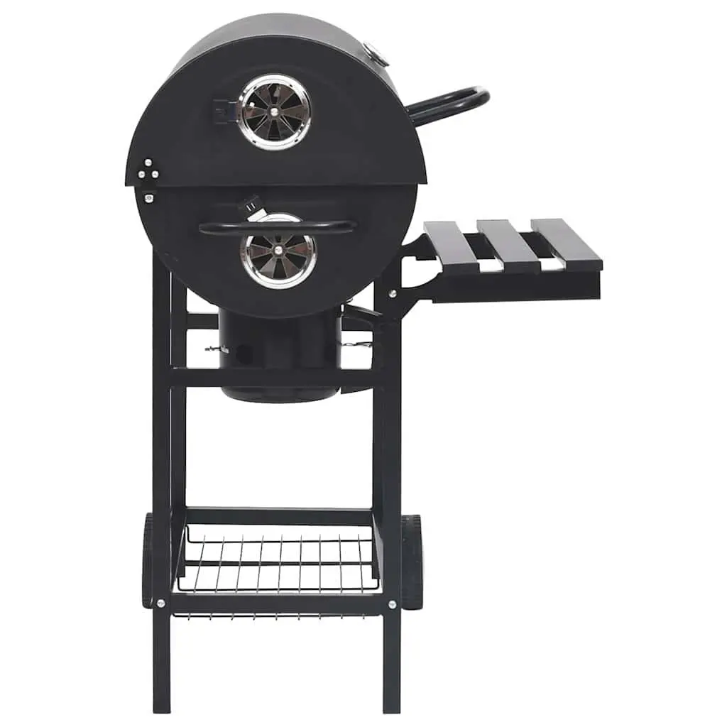 Barrel Charcoal BBQ Grill with Wheels Shelves Black Steel Outdoor Cooking