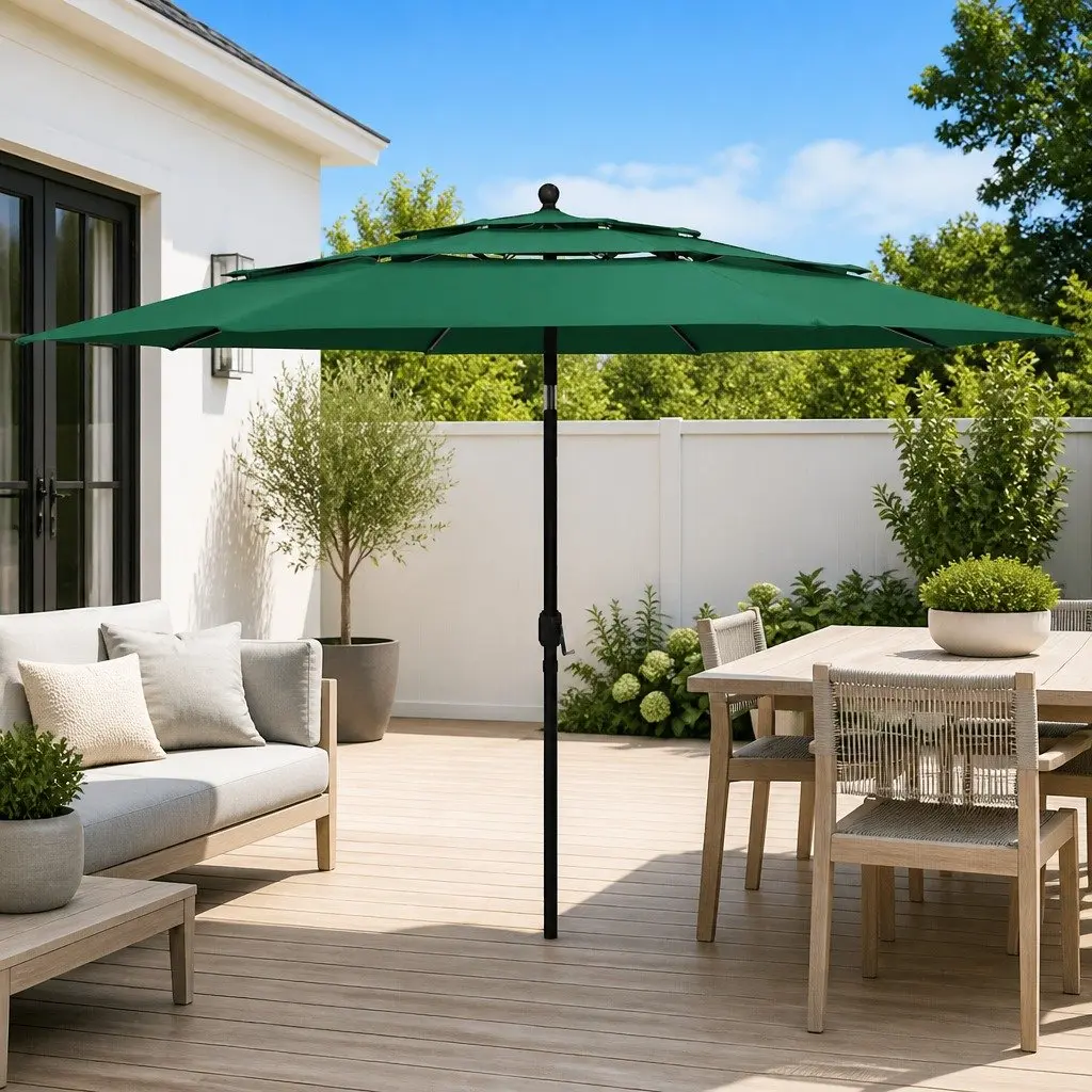 Garden Parasol 3-Tier UV Protective 3.5m Outdoor Patio Sunshade Umbrella with Crank Tilt Green