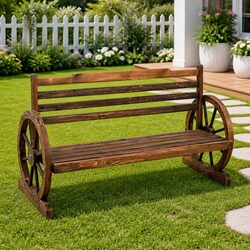 Garden Bench 112cm Outdoor Seating Firwood Wagon Wheel Design Patio Furniture