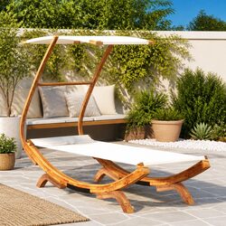 Outdoor Lounge Bed with Canopy Sunbed Garden Patio Relaxation Cream Bent Wood