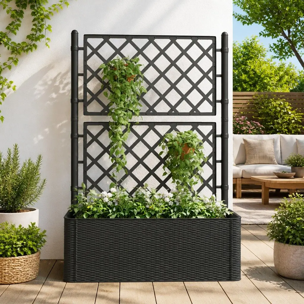 Raised Garden Bed Self Watering Planter Box with Trellis Anthracite
