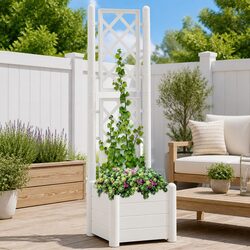 Garden Planter with Trellis White Outdoor Raised Flower Box Pot Support