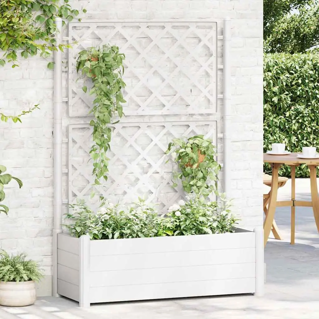 Garden Planter with Trellis Support Raised Flower Bed Outdoor White PP Pot
