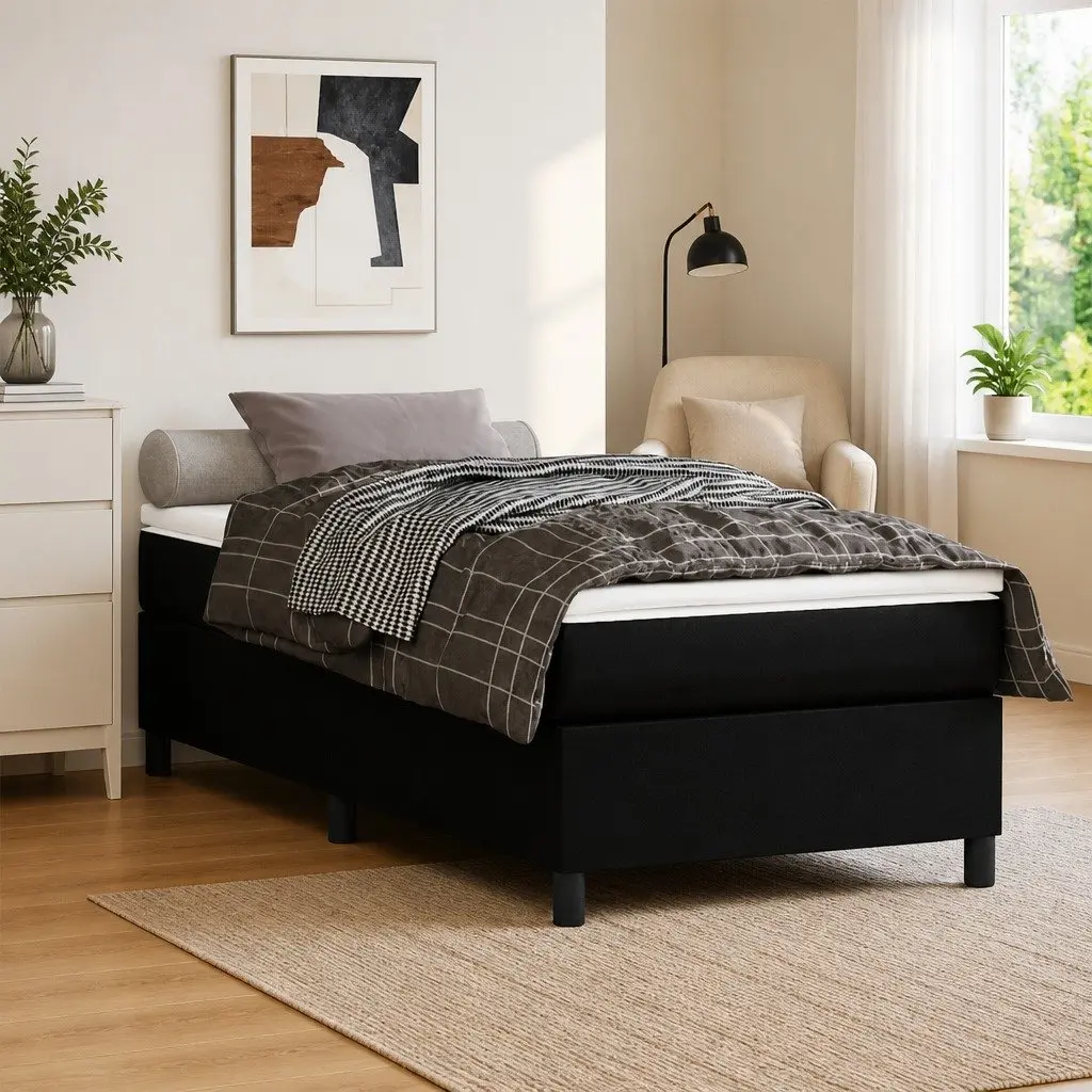 King Single Box Spring Bed with Pocket Mattress Black Faux Leather 106x203cm
