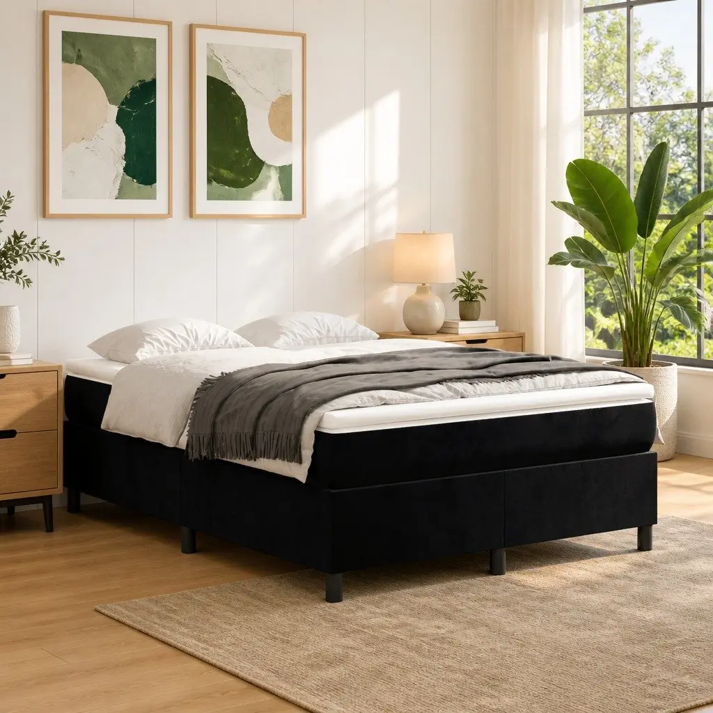 Box Spring Bed with Velvet Upholstery