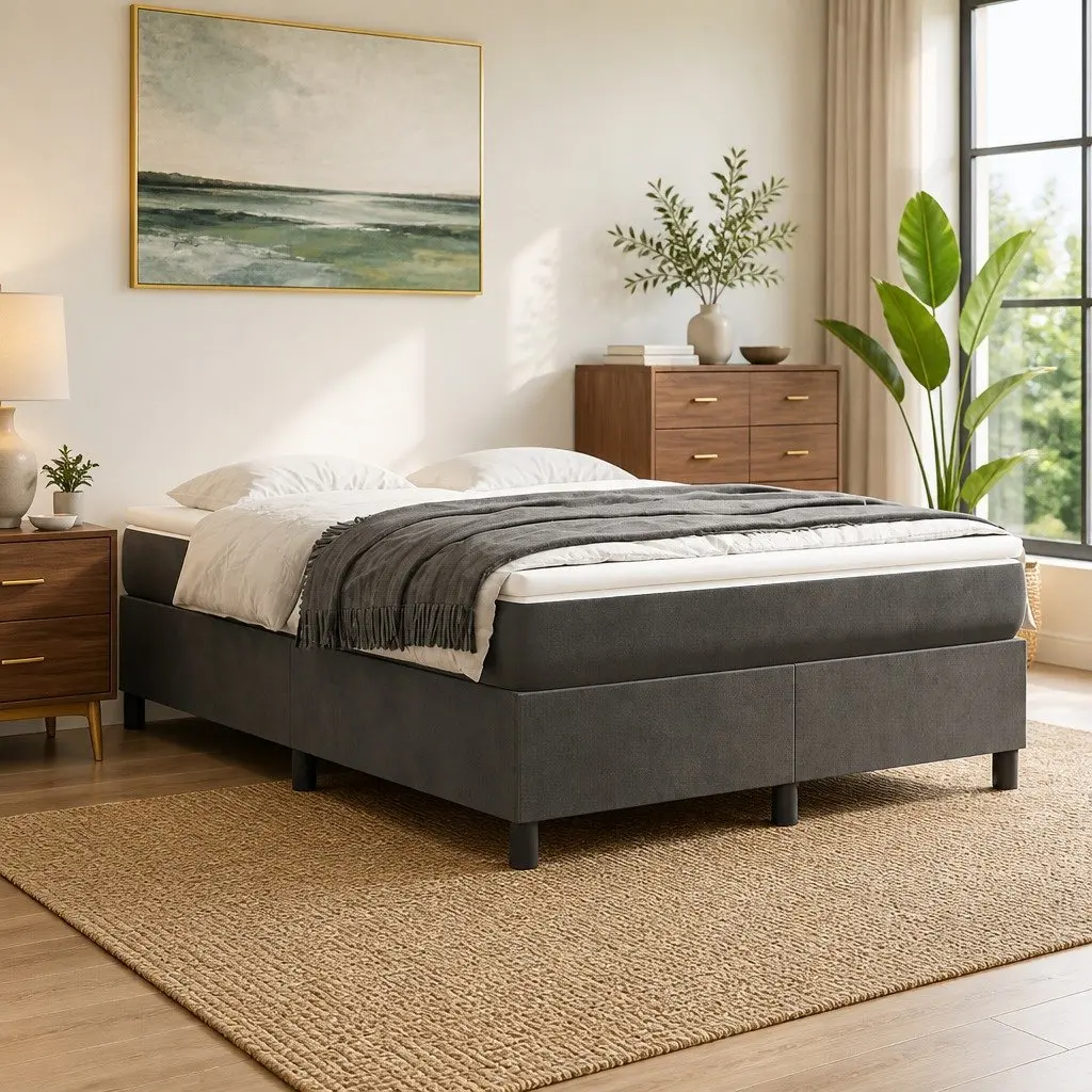Box Spring Bed with Pocket Spring Mattress Grey Velvet Queen Size 153x203cm