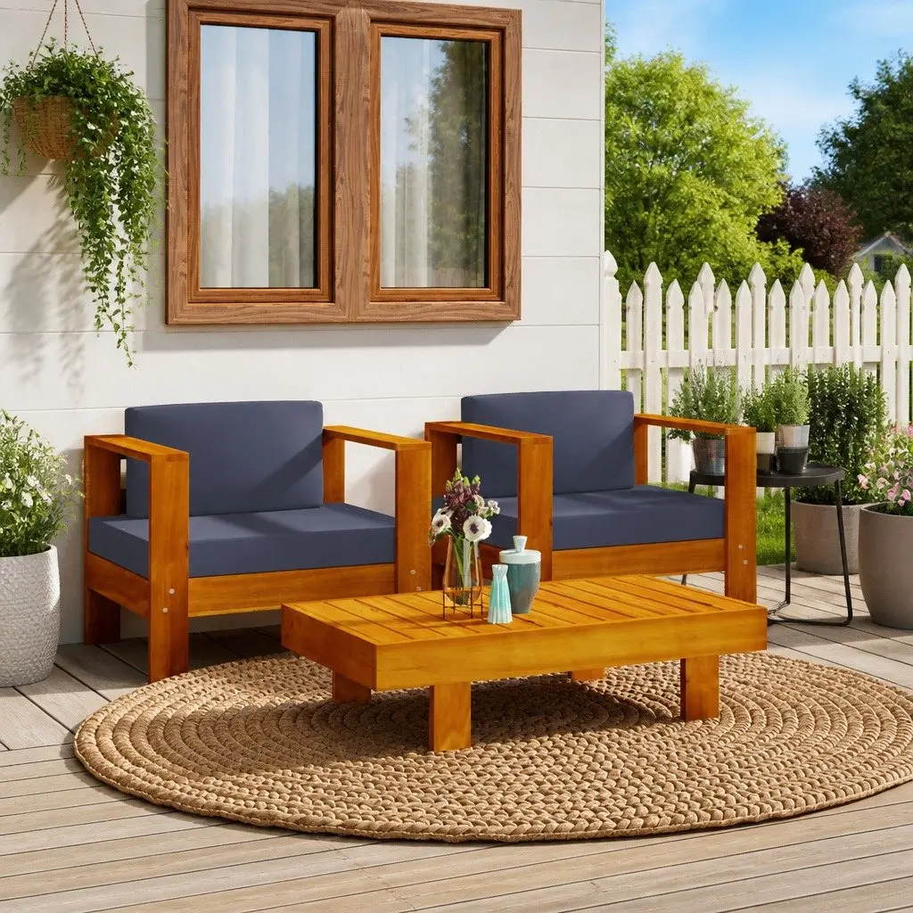 Garden Lounge Set Wooden Outdoor Furniture 3 Piece Grey Cushions