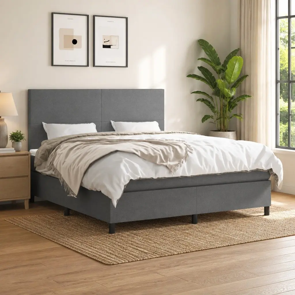 Queen Size Box Spring Bed with Adjustable Headboard and Pocket Spring Mattress Dark Grey Fabric