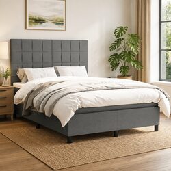Double Box Spring Bed with Pocket Mattress Headboard Grey Fabric 137x187cm