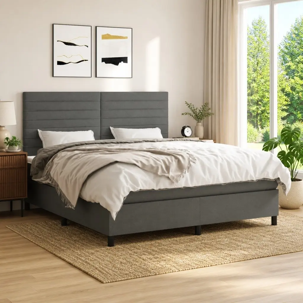 Queen Size Box Spring Bed with Pocket Spring Mattress Adjustable Headboard Dark Grey Fabric