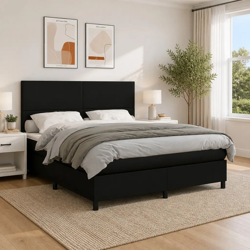 Queen Size Box Spring Bed with Pocket Spring Mattress Adjustable Headboard Black Faux Leather