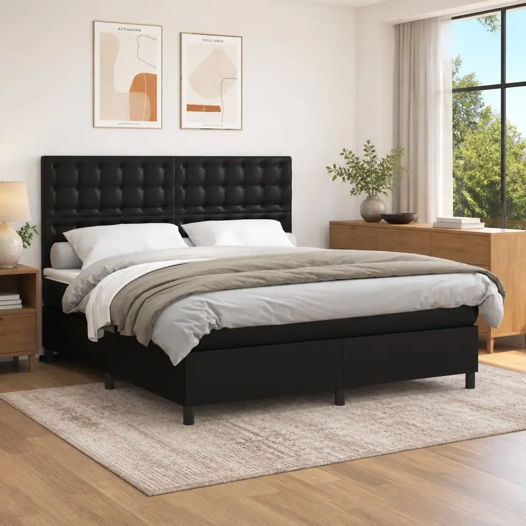 Queen Size Box Spring Bed with Pocket Spring Mattress Black Faux Leather